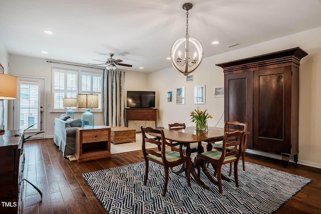 dining room with recessed lighting, baseboards, dark wood-type flooring, and ceiling fan