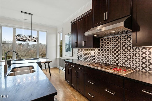 kitchen featuring backsplash, crown molding, under cabinet range hood, stainless steel gas cooktop, and a sink