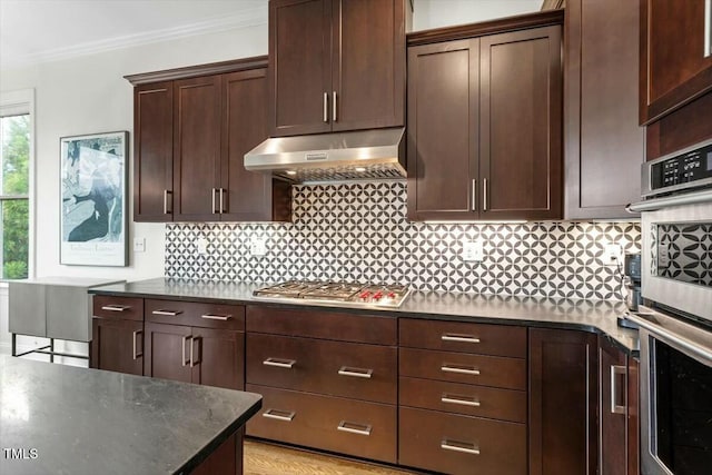 kitchen with under cabinet range hood, backsplash, appliances with stainless steel finishes, crown molding, and dark brown cabinets