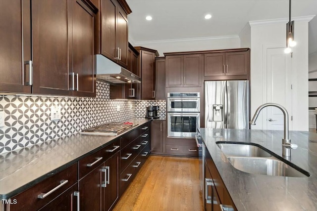 kitchen featuring ornamental molding, under cabinet range hood, a sink, backsplash, and stainless steel appliances