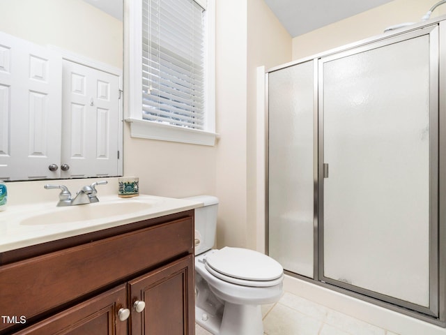 bathroom with tile patterned flooring, a shower stall, vanity, and toilet