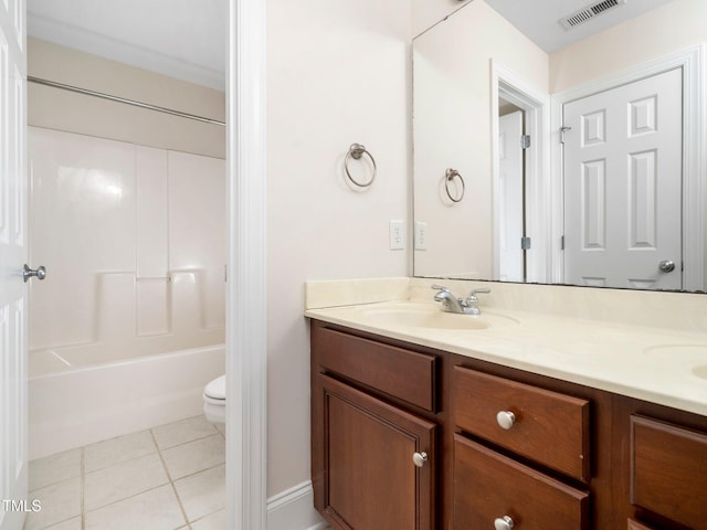 full bath with visible vents, double vanity, a sink, tile patterned flooring, and toilet