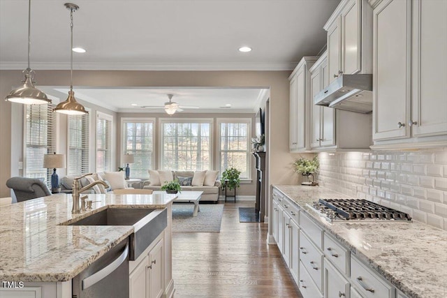 kitchen with a sink, open floor plan, under cabinet range hood, and stainless steel appliances