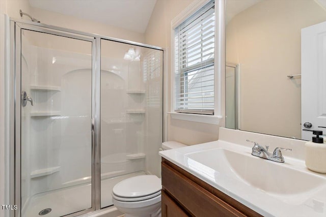 bathroom featuring vanity, toilet, and a stall shower