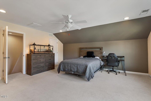 bedroom with visible vents, light carpet, recessed lighting, ceiling fan, and vaulted ceiling