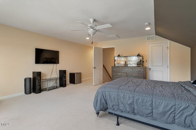 carpeted bedroom with a ceiling fan, recessed lighting, visible vents, and baseboards