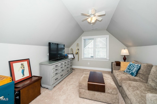 living room featuring visible vents, baseboards, lofted ceiling, ceiling fan, and light carpet