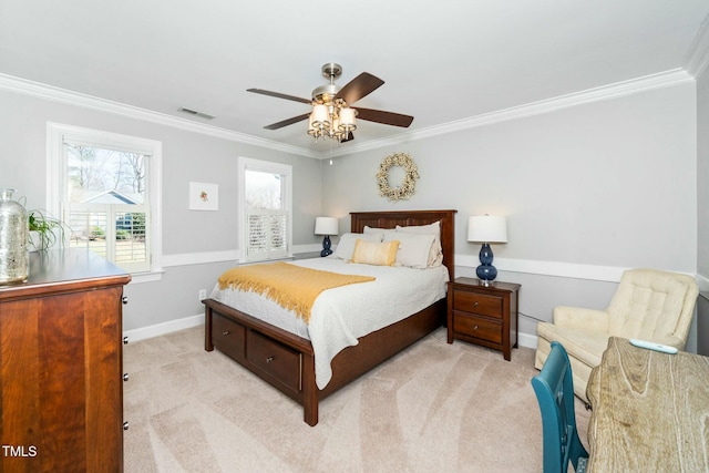 bedroom featuring visible vents, light colored carpet, crown molding, and a ceiling fan