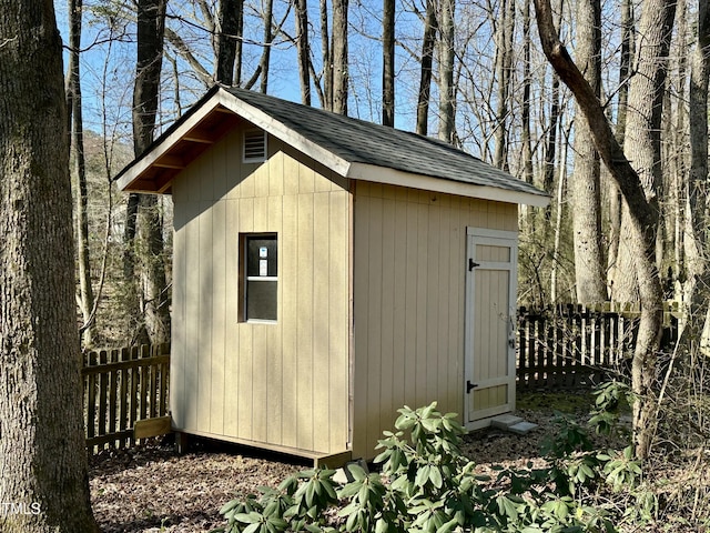 view of shed with a fenced backyard