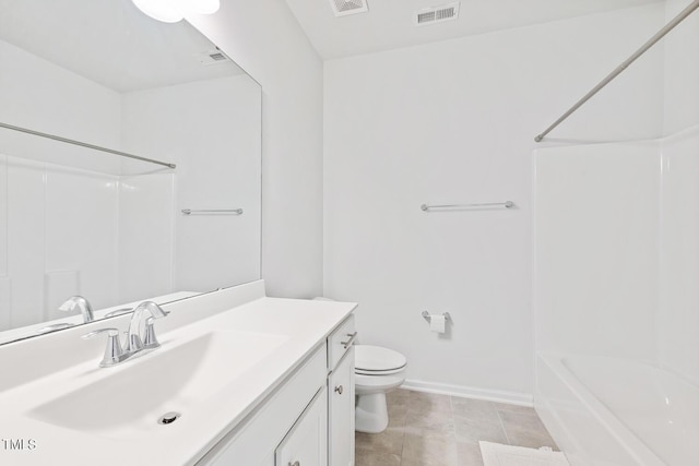 bathroom featuring visible vents, toilet, baseboards, bathing tub / shower combination, and vanity