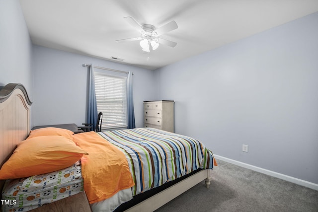 bedroom with visible vents, carpet flooring, a ceiling fan, and baseboards