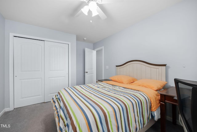 bedroom featuring a closet, carpet, and ceiling fan