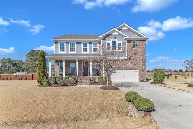 view of front of property with a porch, fence, concrete driveway, an attached garage, and brick siding