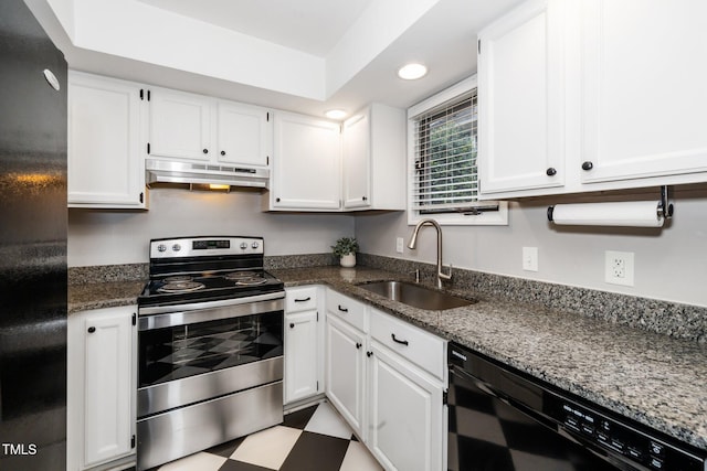 kitchen featuring light floors, a sink, black appliances, white cabinets, and under cabinet range hood