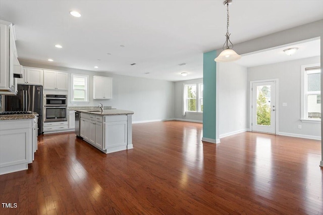 kitchen with dark wood-type flooring, a sink, open floor plan, recessed lighting, and stainless steel appliances