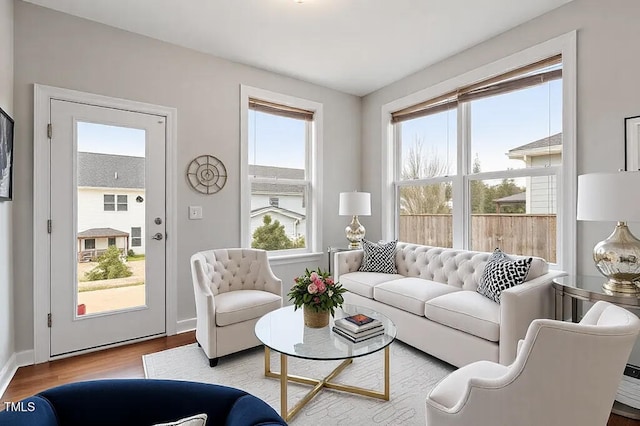 living area featuring baseboards and wood finished floors