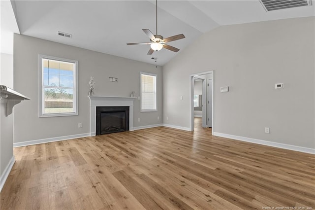 unfurnished living room with visible vents, plenty of natural light, and a fireplace