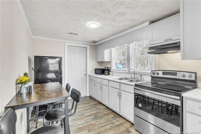 kitchen with visible vents, ornamental molding, under cabinet range hood, a sink, and stainless steel electric stove