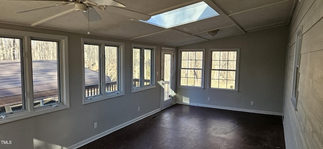 unfurnished sunroom featuring lofted ceiling with skylight, visible vents, and a ceiling fan