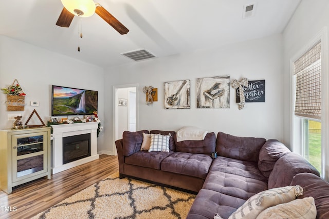 living area with a glass covered fireplace, wood finished floors, visible vents, and a ceiling fan