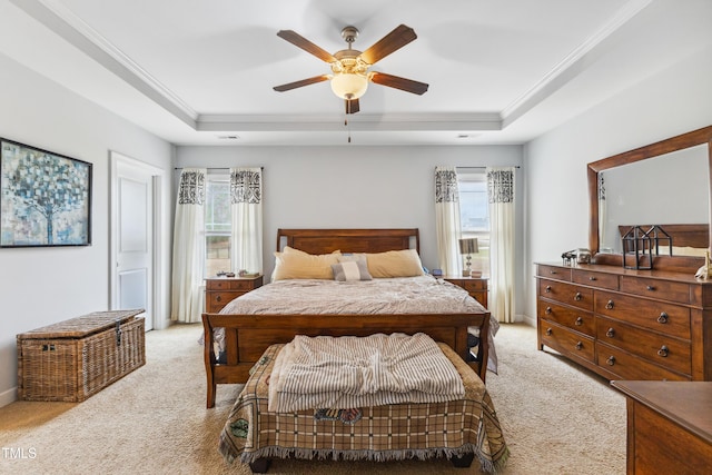 bedroom featuring multiple windows, a raised ceiling, and light carpet