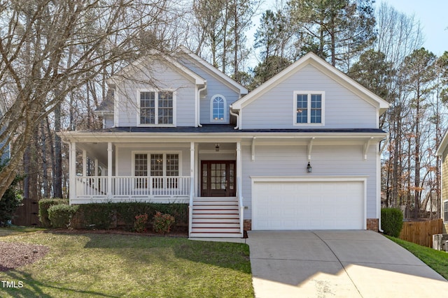 view of front of home featuring a front lawn, fence, concrete driveway, covered porch, and an attached garage