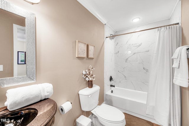 bathroom featuring toilet, ornamental molding, and shower / bath combination with curtain