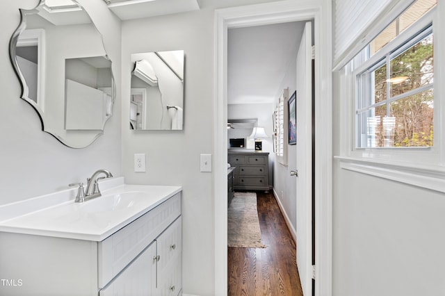 bathroom with baseboards, wood finished floors, and vanity