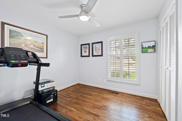 workout area featuring plenty of natural light, baseboards, and wood finished floors