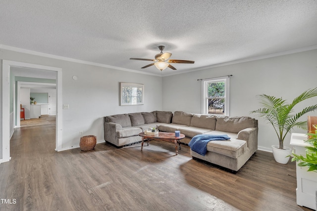 living area featuring a textured ceiling, crown molding, a ceiling fan, and wood finished floors