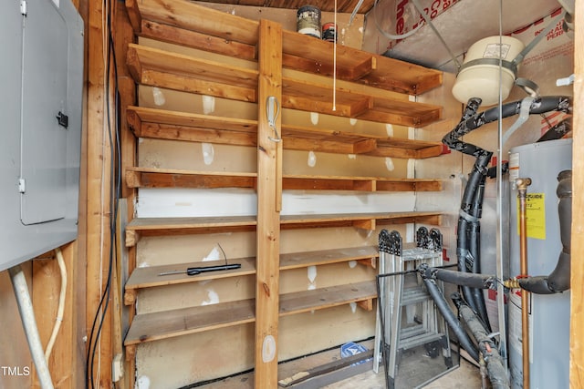 storage area featuring gas water heater and electric panel