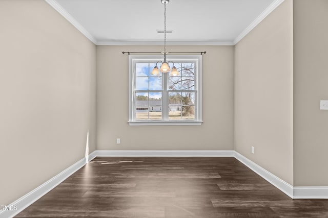 unfurnished dining area with baseboards, an inviting chandelier, and dark wood-style floors