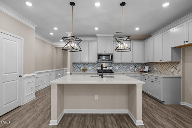 kitchen with appliances with stainless steel finishes, dark wood-type flooring, and a sink