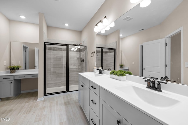 full bath featuring a sink, visible vents, double vanity, and a shower stall