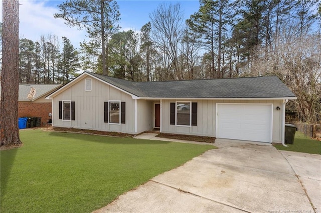 ranch-style home with driveway, a front lawn, roof with shingles, and an attached garage