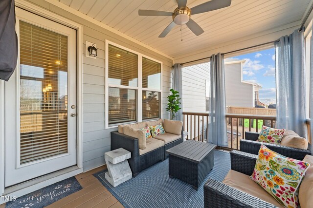 sunroom / solarium with wood ceiling and a ceiling fan