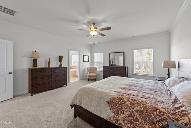 carpeted bedroom featuring a ceiling fan, baseboards, visible vents, and ornamental molding