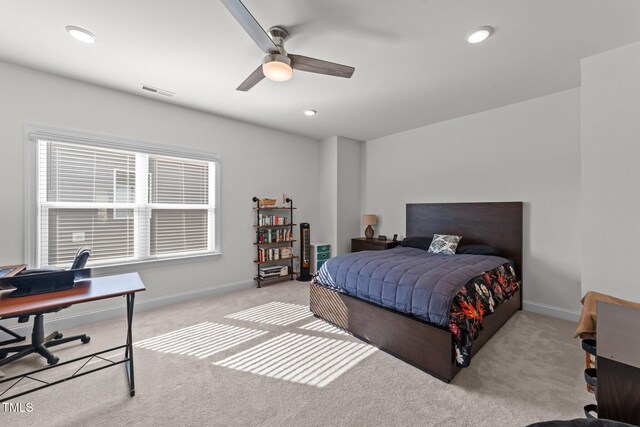 carpeted bedroom with recessed lighting, visible vents, baseboards, and ceiling fan