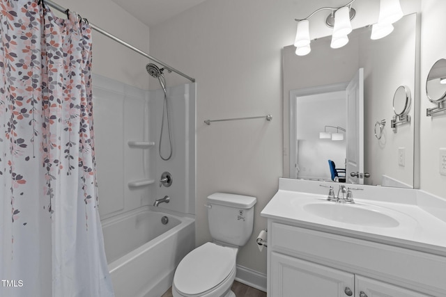 bathroom with toilet, shower / tub combo with curtain, and vanity