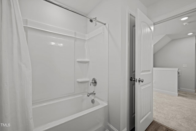 full bath featuring baseboards and shower / bath combination with curtain