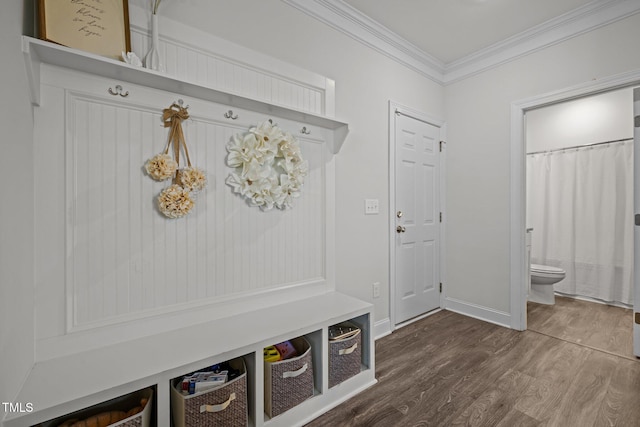 mudroom featuring baseboards, ornamental molding, and dark wood-style flooring