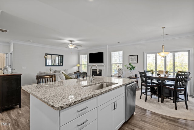 kitchen featuring dishwasher, light stone counters, dark wood-style floors, and a sink