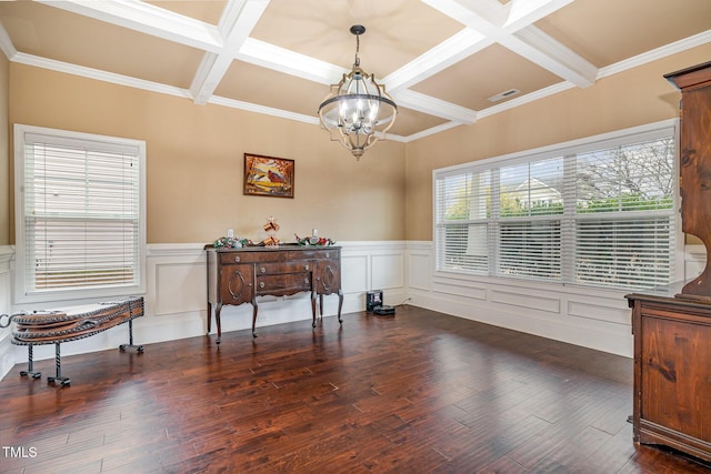 interior space featuring visible vents, beam ceiling, coffered ceiling, dark wood finished floors, and a chandelier