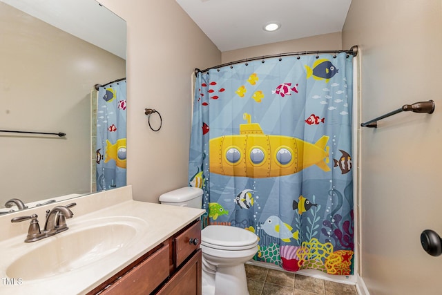 full bathroom with vanity, a shower with shower curtain, and toilet