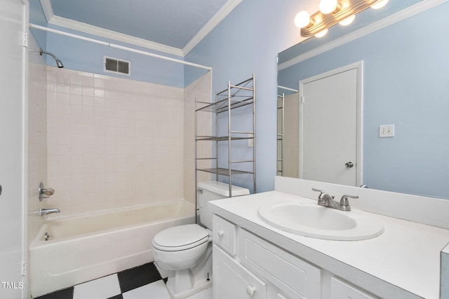 full bathroom with shower / bath combination, toilet, visible vents, and ornamental molding