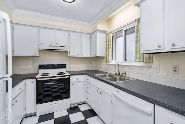 kitchen with a sink, electric range oven, under cabinet range hood, dishwasher, and tile patterned floors