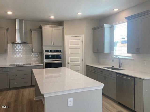 kitchen featuring a sink, wall chimney range hood, gray cabinetry, and stainless steel appliances