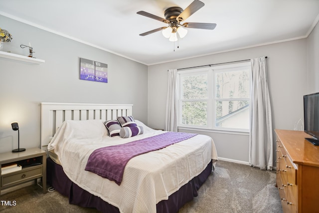 bedroom featuring baseboards, a ceiling fan, carpet, and ornamental molding