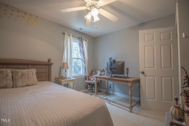 bedroom with visible vents, ceiling fan, baseboards, and carpet floors