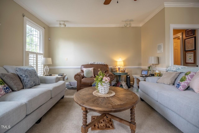 carpeted living room featuring ceiling fan and ornamental molding